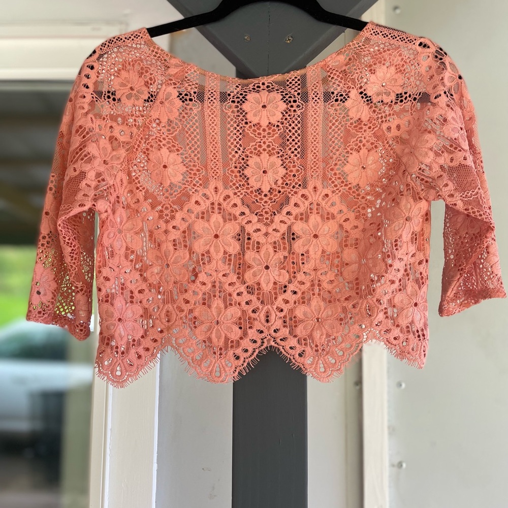 For Love and Lemons pink lace two piece set.